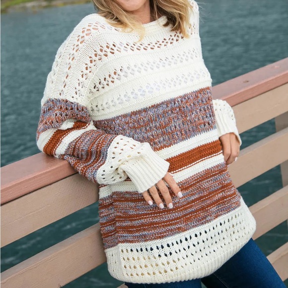 Two Toned Textured Striped Color Block Sweater, Sz Small, cream/brown/blue tones - Picture 3 of 9